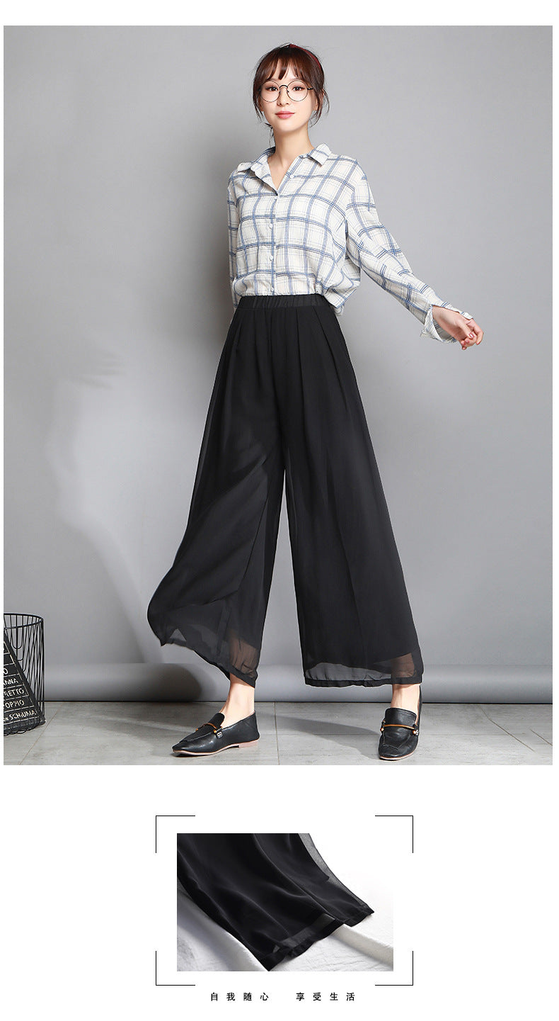 Women's Summer New Fashion Loose Large Size 200 Jin High Waist Culottes Slim Chiffon Pants Wide Leg Women's Pants Casual Long