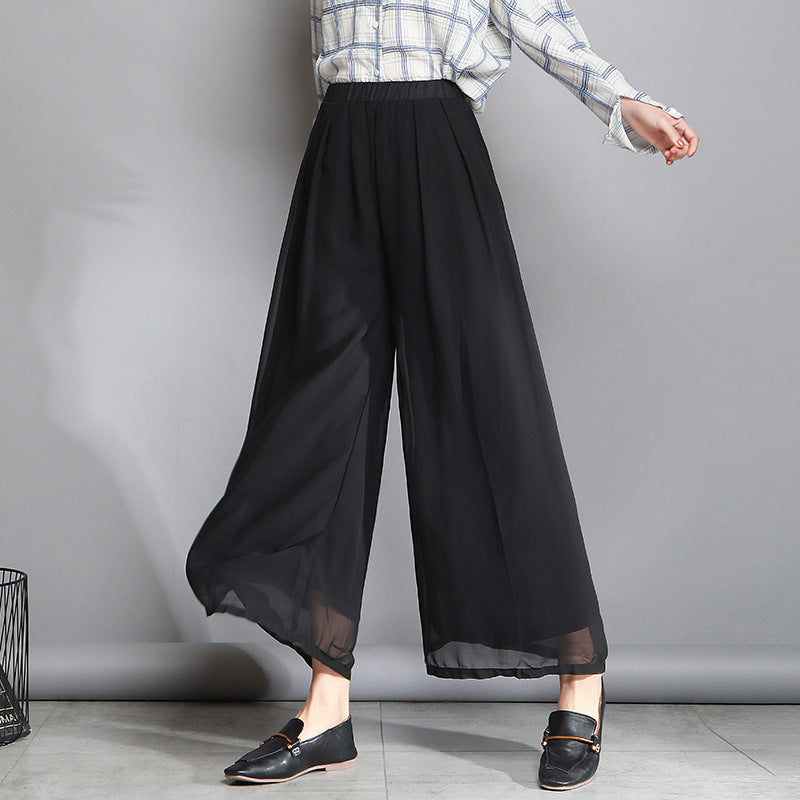 Women's Summer New Fashion Loose Large Size 200 Jin High Waist Culottes Slim Chiffon Pants Wide Leg Women's Pants Casual Long