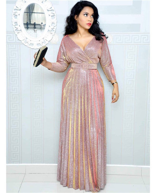 2025 Winter Cross-Border European and American African Women's Fashionable Long-Sleeved Bronzing Pleated Skirt with Belt Glitter Fabric