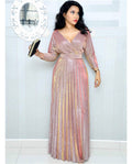 2025 Winter Cross-Border European and American African Women's Fashionable Long-Sleeved Bronzing Pleated Skirt with Belt Glitter Fabric