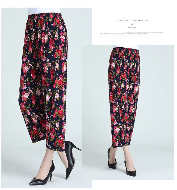 Cross-Border Popular Summer Women's Ice Silk Pants for Middle-Aged and Elderly, Loose Casual Home Pants, Elastic Plus-Size Pants for Square Dancing