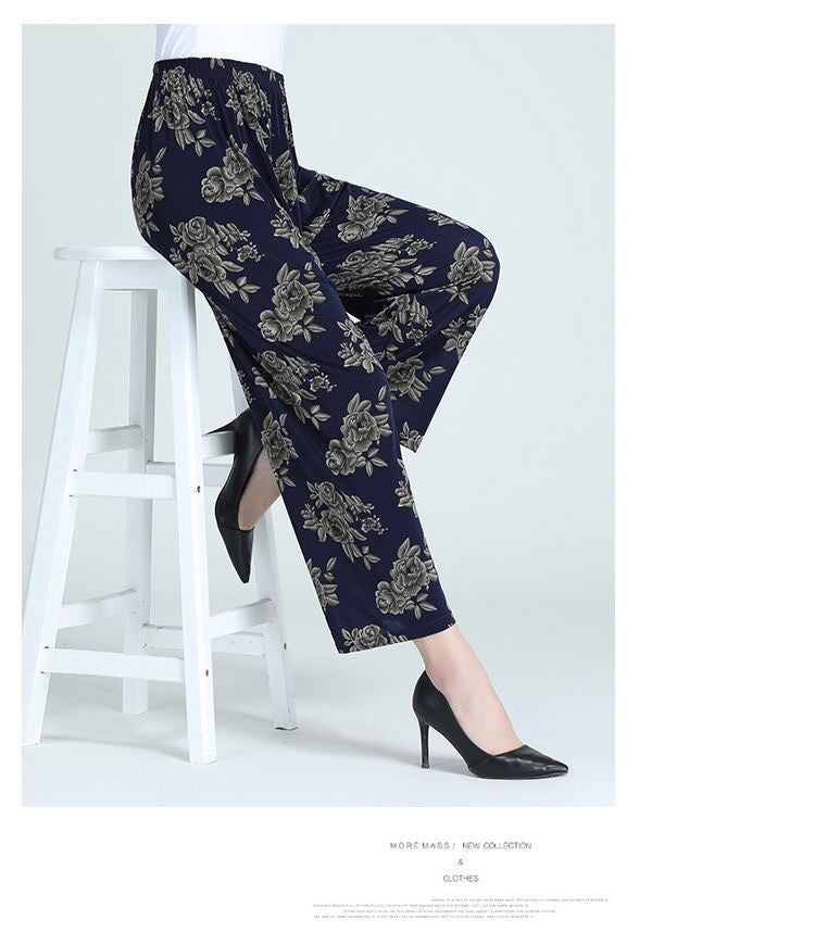 Cross-Border Popular Summer Women's Ice Silk Pants for Middle-Aged and Elderly, Loose Casual Home Pants, Elastic Plus-Size Pants for Square Dancing