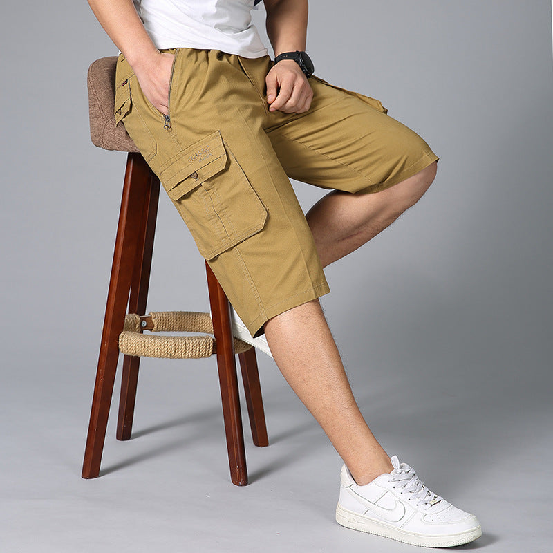 Middle-aged men's summer thin cropped pants fashion casual straight multi-pocket men's pants casual wash cotton solid color pants