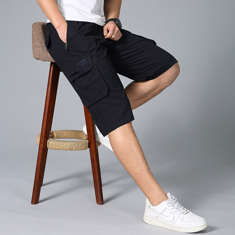 Middle-aged men's summer thin cropped pants fashion casual straight multi-pocket men's pants casual wash cotton solid color pants