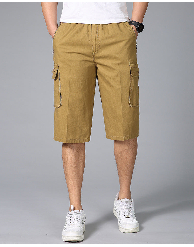 Middle-aged men's summer thin cropped pants fashion casual straight multi-pocket men's pants casual wash cotton solid color pants