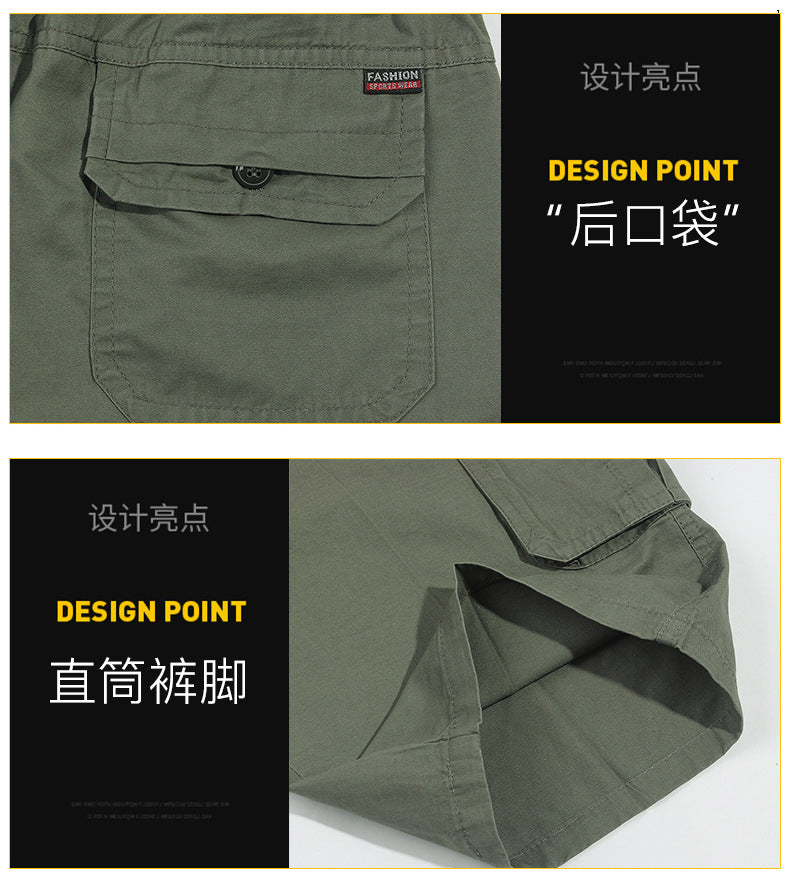 Middle-aged men's summer thin cropped pants fashion casual straight multi-pocket men's pants casual wash cotton solid color pants