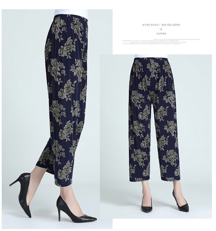 Cross-Border Popular Summer Women's Ice Silk Pants for Middle-Aged and Elderly, Loose Casual Home Pants, Elastic Plus-Size Pants for Square Dancing