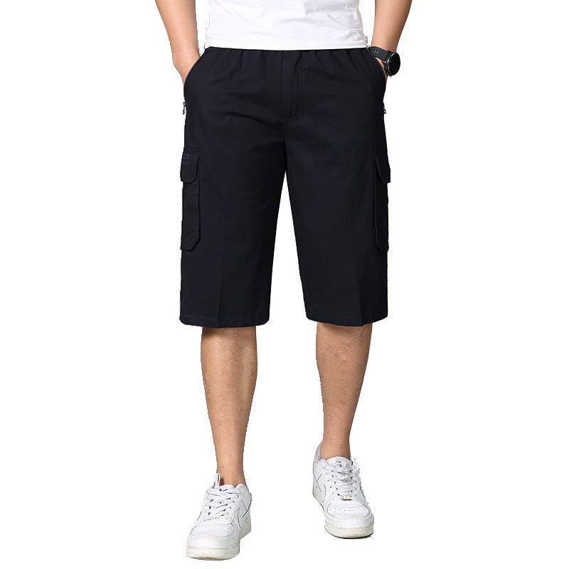 Middle-aged men's summer thin cropped pants fashion casual straight multi-pocket men's pants casual wash cotton solid color pants