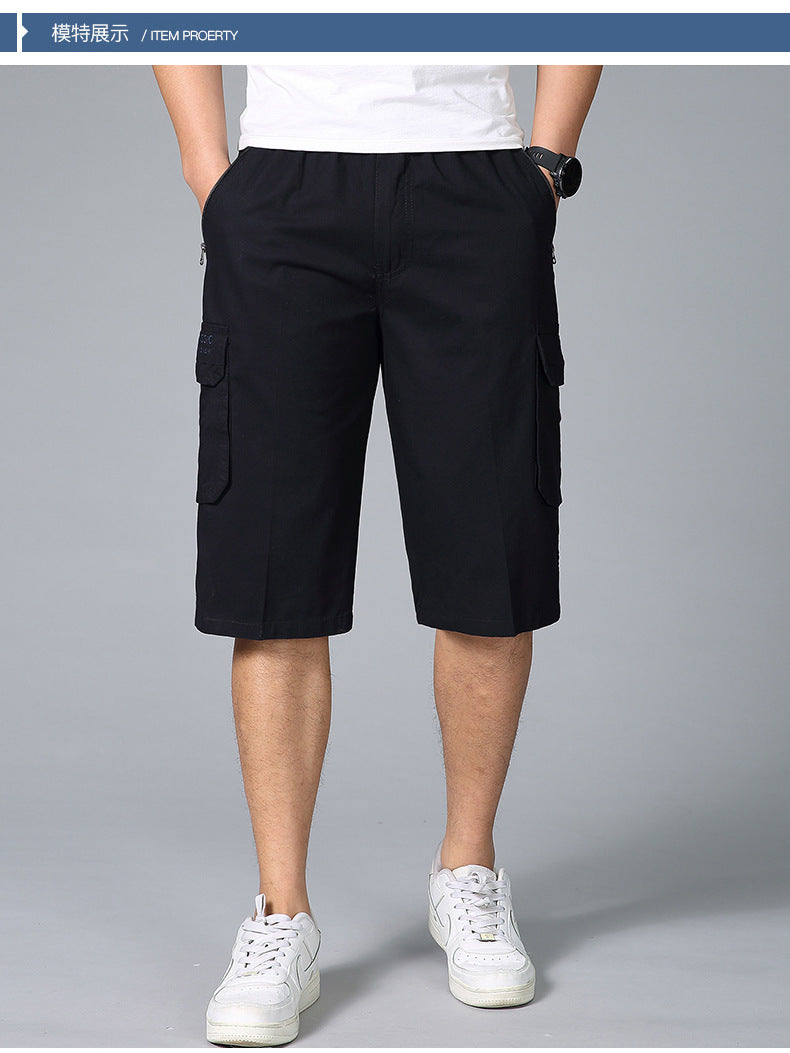 Middle-aged men's summer thin cropped pants fashion casual straight multi-pocket men's pants casual wash cotton solid color pants