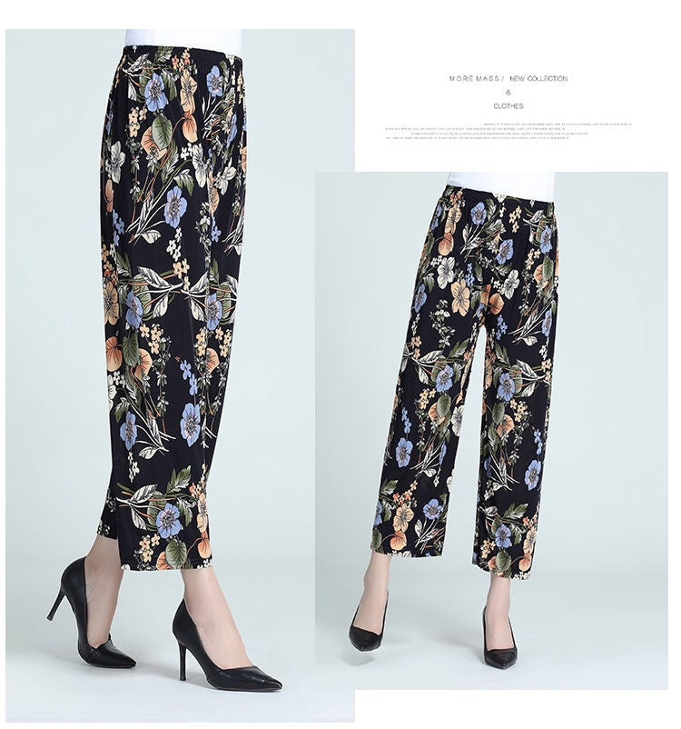 Cross-Border Popular Summer Women's Ice Silk Pants for Middle-Aged and Elderly, Loose Casual Home Pants, Elastic Plus-Size Pants for Square Dancing