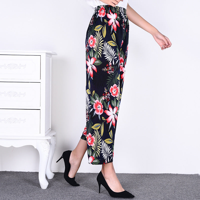 Cross-Border Popular Summer Women's Ice Silk Pants for Middle-Aged and Elderly, Loose Casual Home Pants, Elastic Plus-Size Pants for Square Dancing