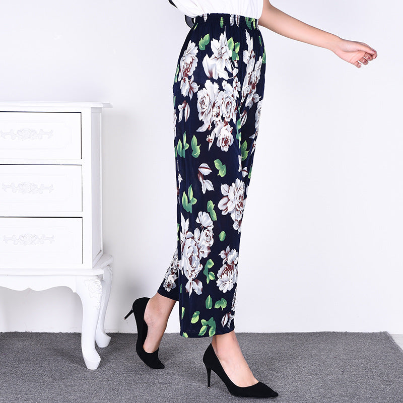 Cross-Border Popular Summer Women's Ice Silk Pants for Middle-Aged and Elderly, Loose Casual Home Pants, Elastic Plus-Size Pants for Square Dancing