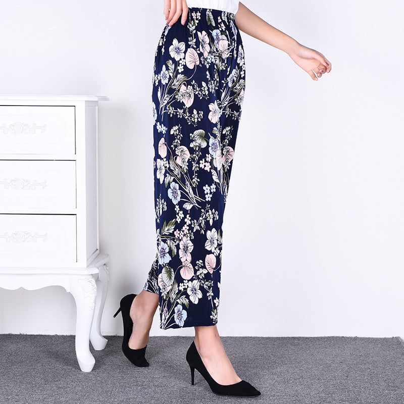 Cross-Border Popular Summer Women's Ice Silk Pants for Middle-Aged and Elderly, Loose Casual Home Pants, Elastic Plus-Size Pants for Square Dancing