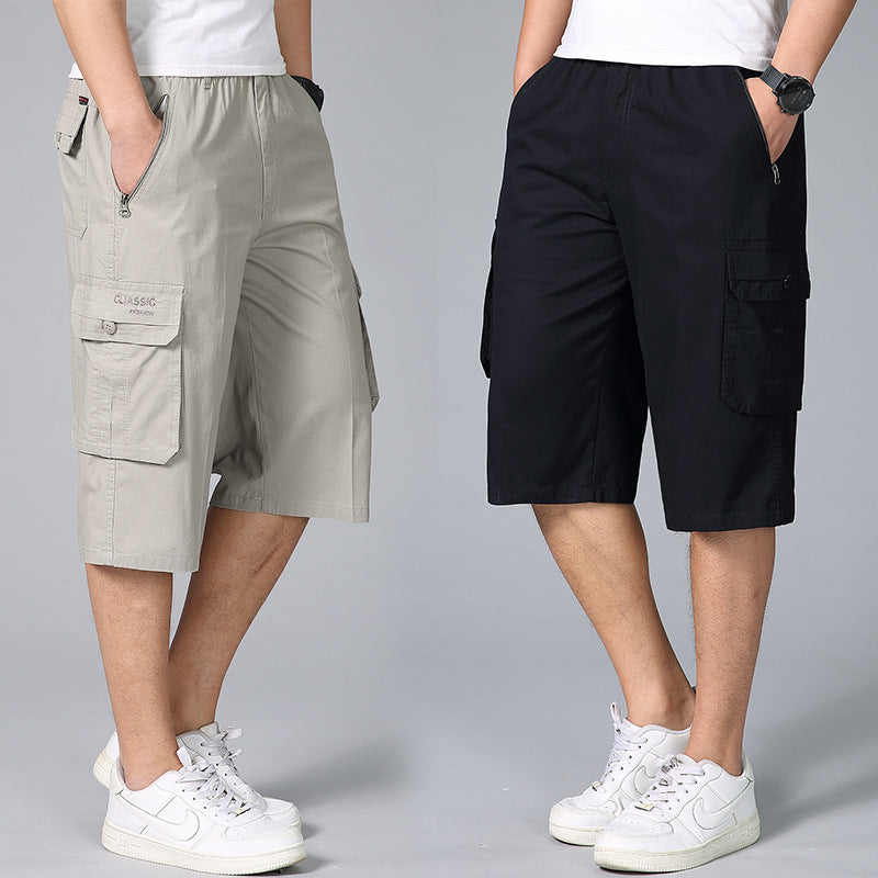 Middle-aged men's summer thin cropped pants fashion casual straight multi-pocket men's pants casual wash cotton solid color pants