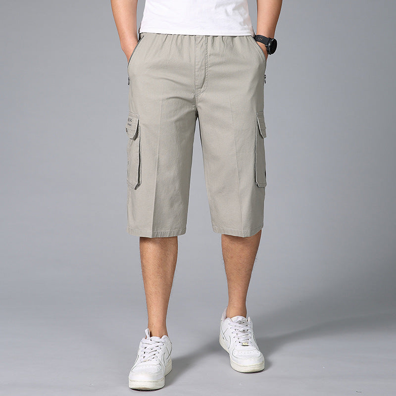 Middle-aged men's summer thin cropped pants fashion casual straight multi-pocket men's pants casual wash cotton solid color pants