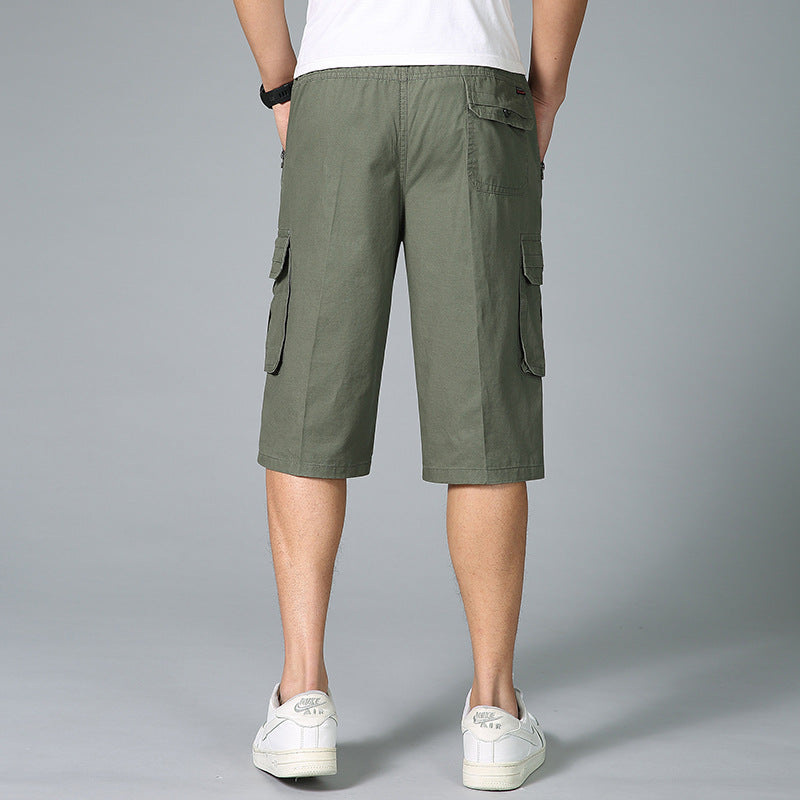 Middle-aged men's summer thin cropped pants fashion casual straight multi-pocket men's pants casual wash cotton solid color pants