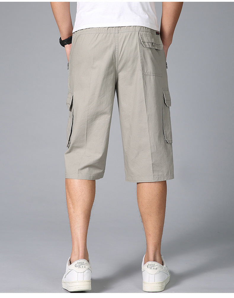 Middle-aged men's summer thin cropped pants fashion casual straight multi-pocket men's pants casual wash cotton solid color pants