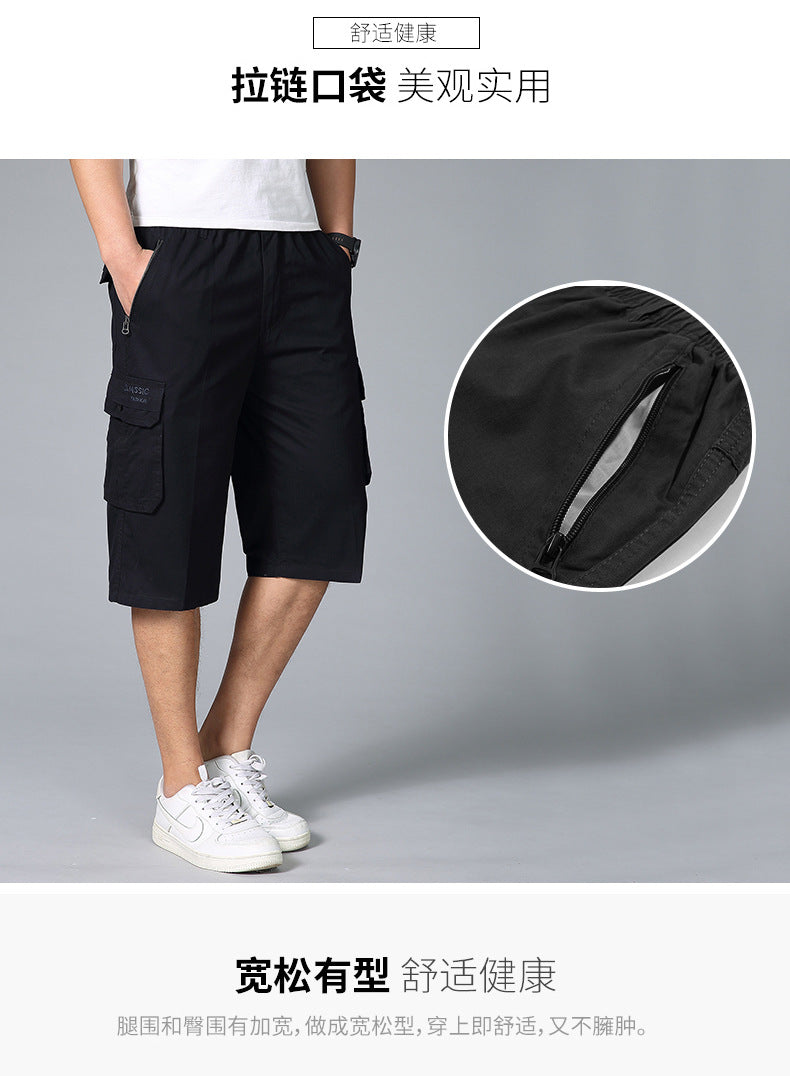Middle-aged men's summer thin cropped pants fashion casual straight multi-pocket men's pants casual wash cotton solid color pants