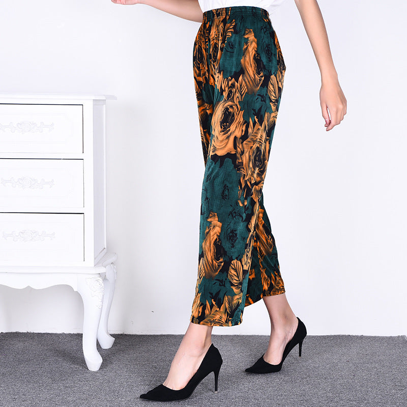 Cross-Border Popular Summer Women's Ice Silk Pants for Middle-Aged and Elderly, Loose Casual Home Pants, Elastic Plus-Size Pants for Square Dancing