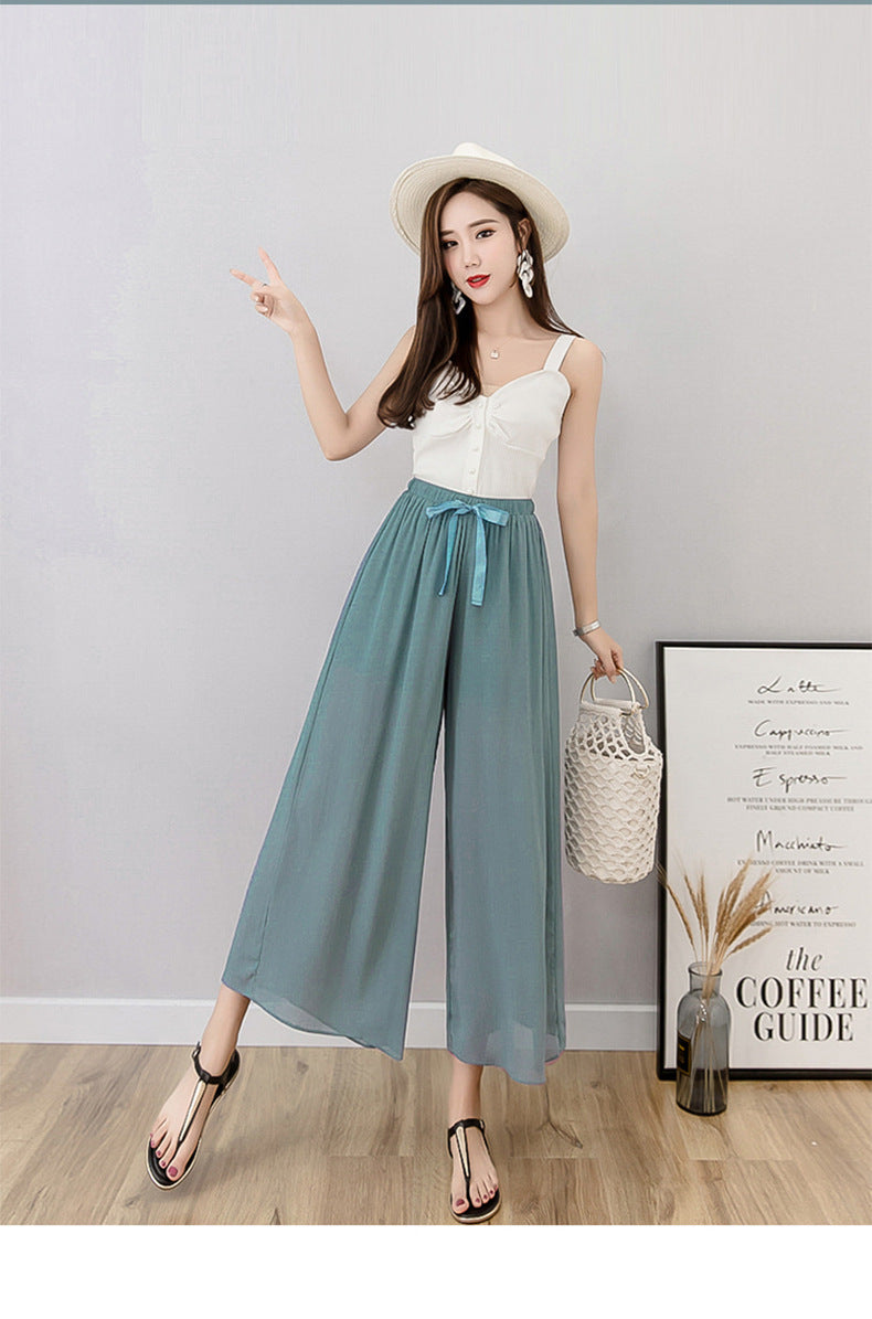 Nine points wide leg pants women's summer thin chiffon plus size high waist loose women's pants 300kg chubby girl drape straight pants