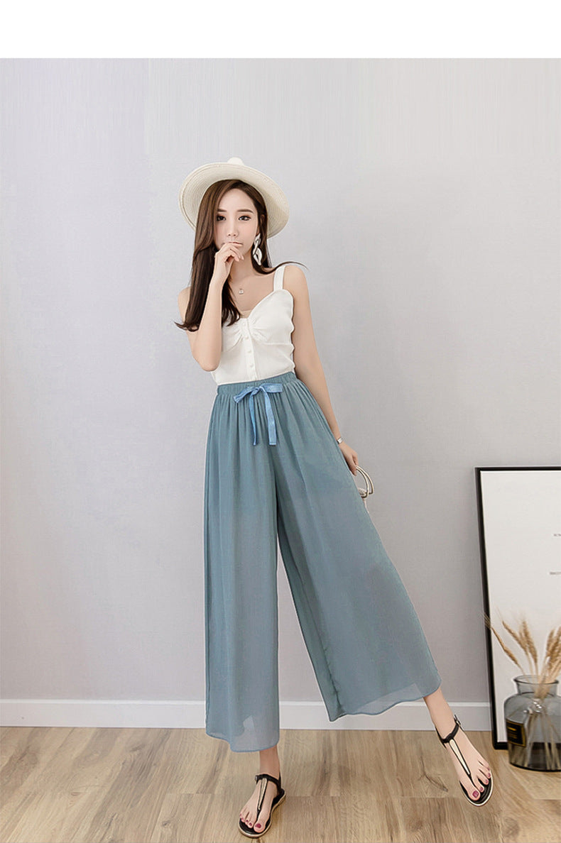Nine points wide leg pants women's summer thin chiffon plus size high waist loose women's pants 300kg chubby girl drape straight pants