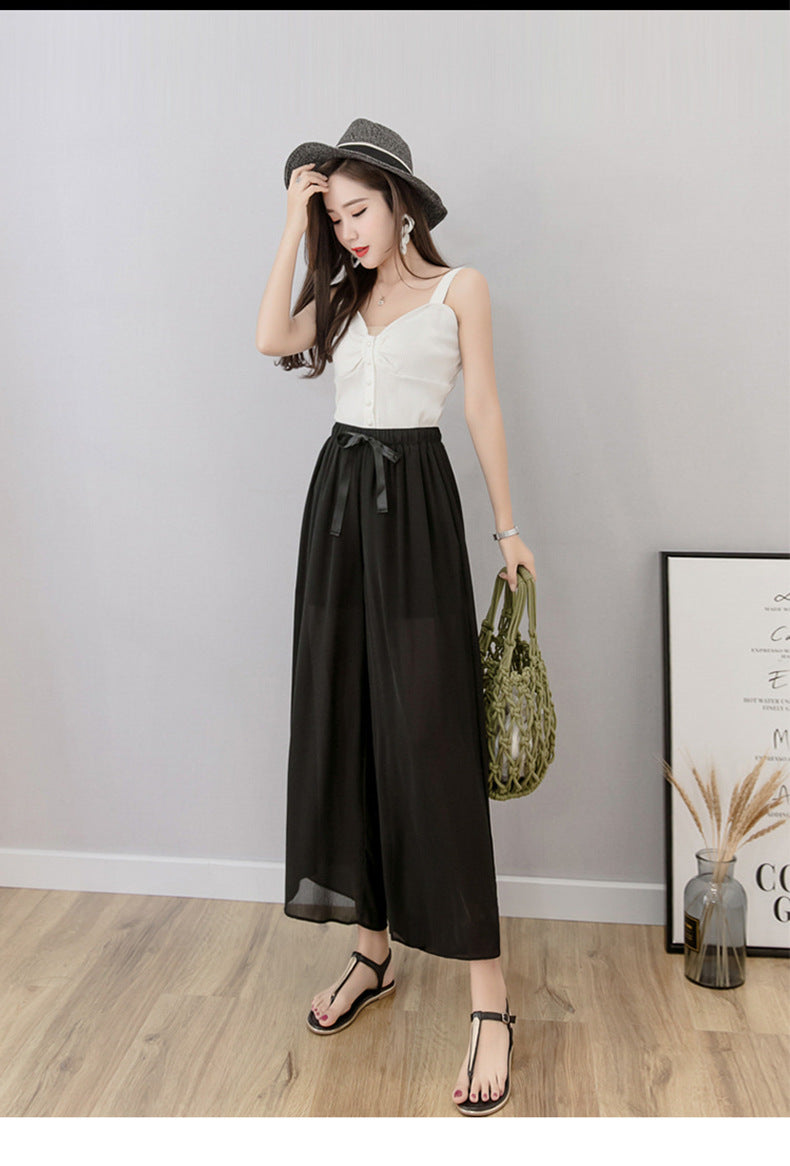 Nine points wide leg pants women's summer thin chiffon plus size high waist loose women's pants 300kg chubby girl drape straight pants