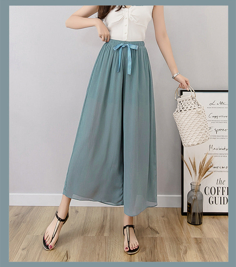 Nine points wide leg pants women's summer thin chiffon plus size high waist loose women's pants 300kg chubby girl drape straight pants