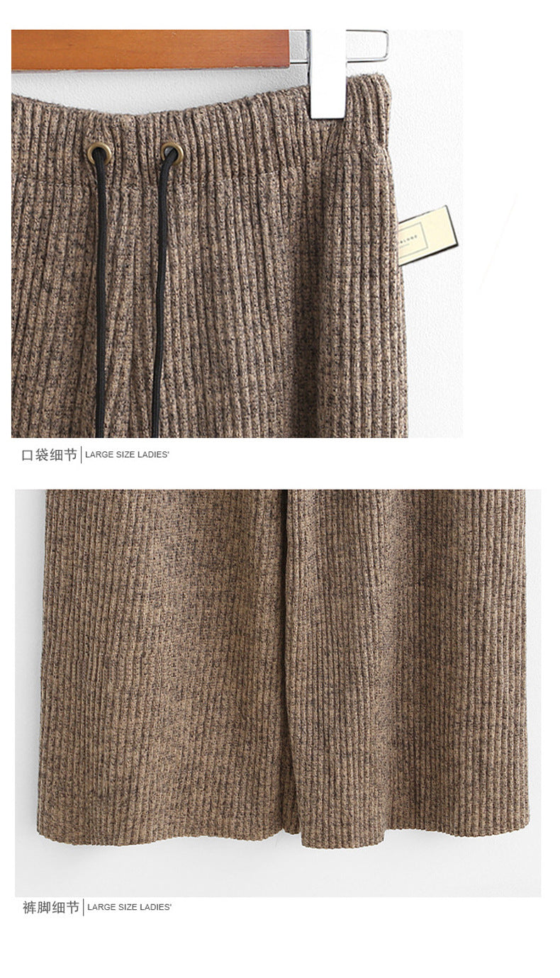 Plus Size Plus Size Woolen Wide-Leg Pants Spring & Fall New Toothpick Strip Loose Nine-Point Straight Pants Women's Pants 100kg