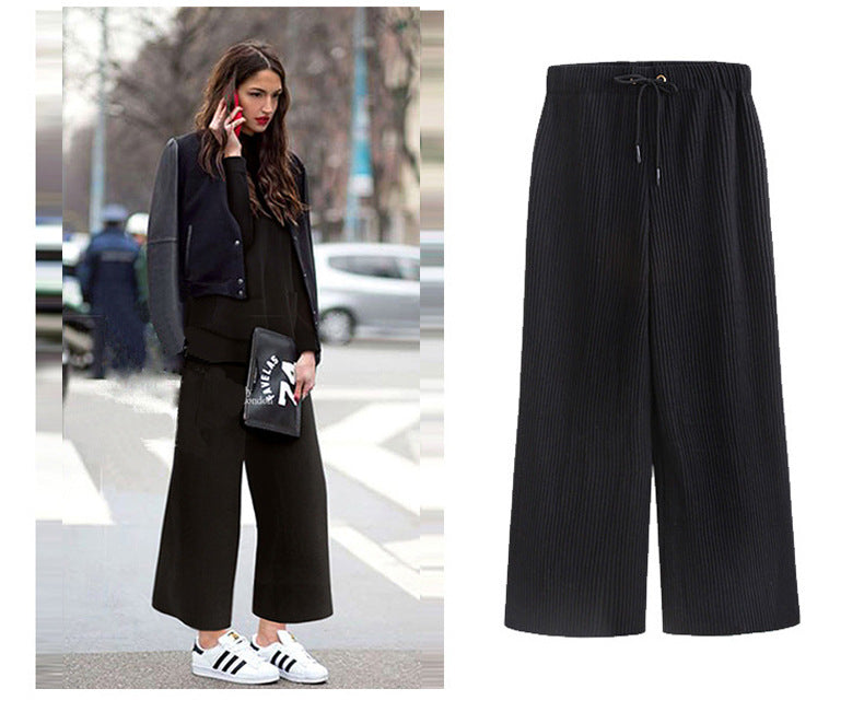 Plus Size Plus Size Woolen Wide-Leg Pants Spring & Fall New Toothpick Strip Loose Nine-Point Straight Pants Women's Pants 100kg