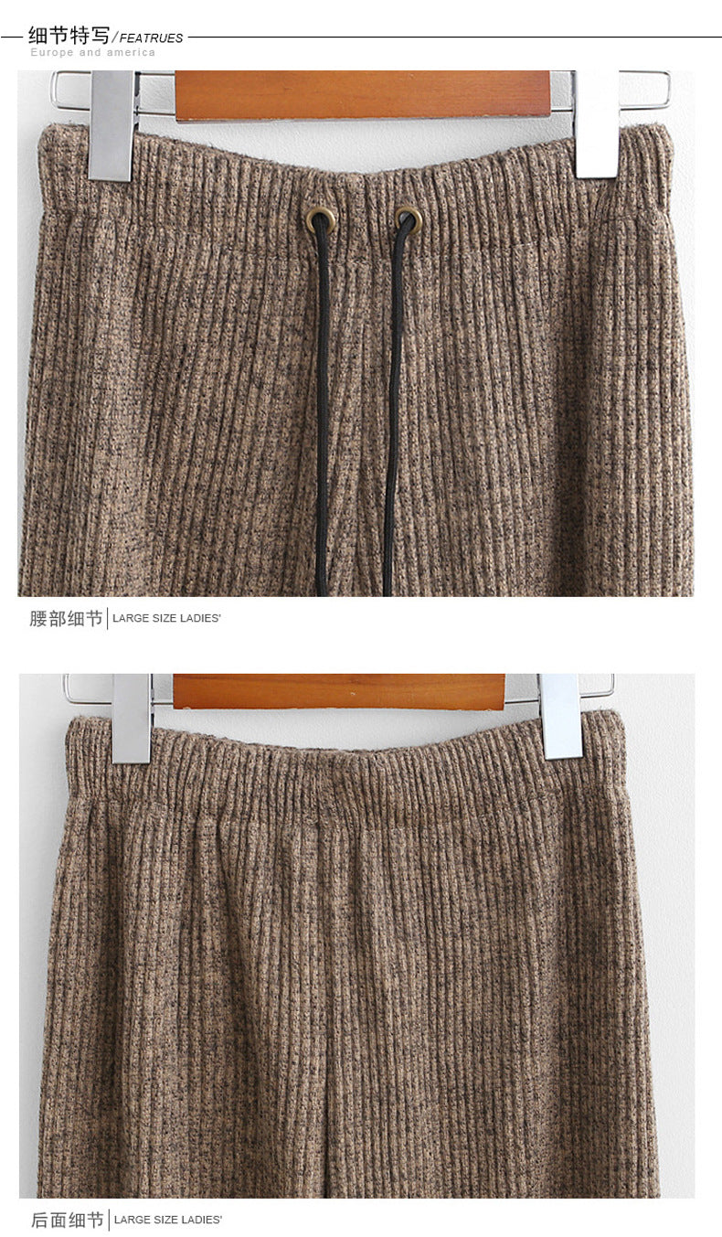 Plus Size Plus Size Woolen Wide-Leg Pants Spring & Fall New Toothpick Strip Loose Nine-Point Straight Pants Women's Pants 100kg