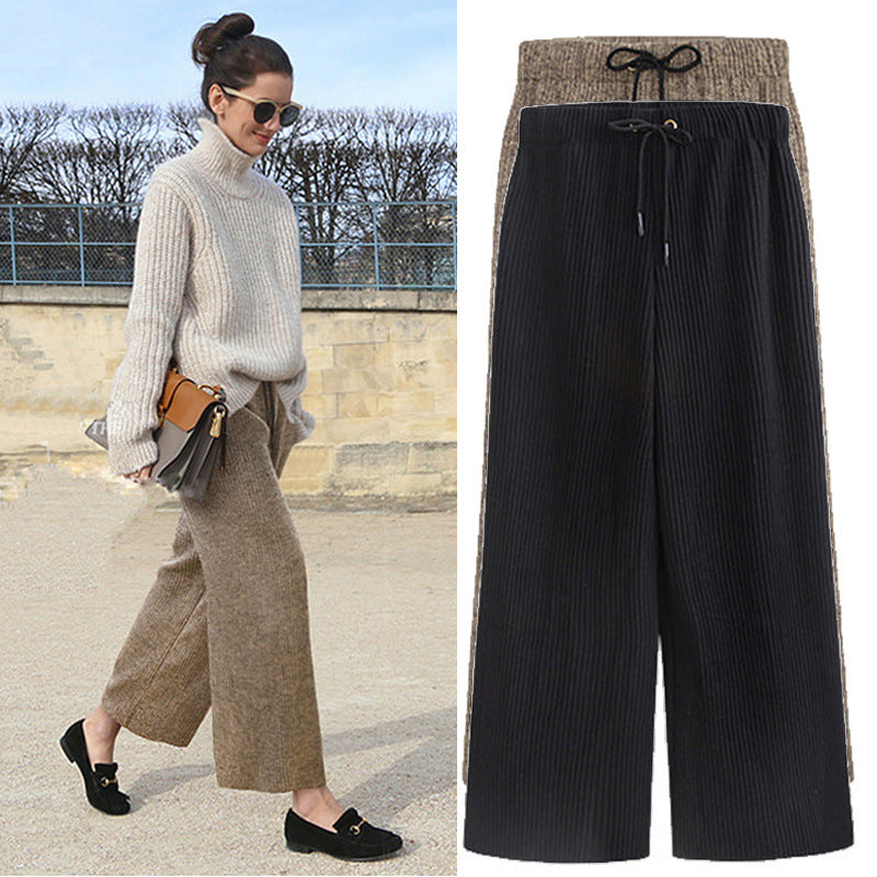 Plus Size Plus Size Woolen Wide-Leg Pants Spring & Fall New Toothpick Strip Loose Nine-Point Straight Pants Women's Pants 100kg
