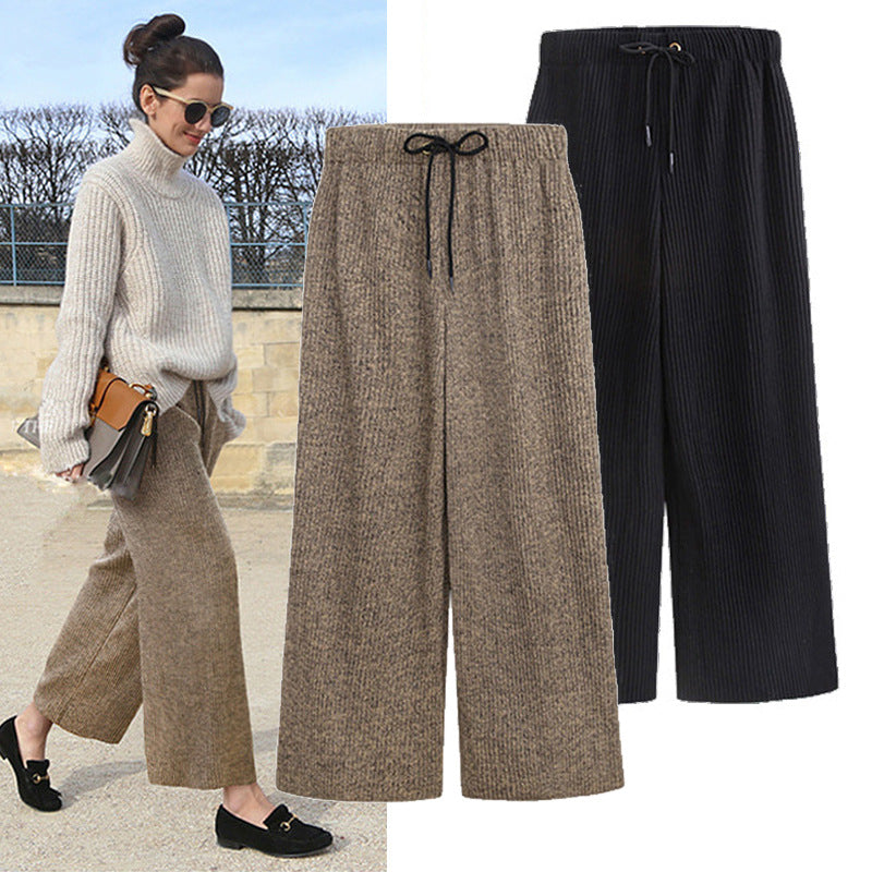 Plus Size Plus Size Woolen Wide-Leg Pants Spring & Fall New Toothpick Strip Loose Nine-Point Straight Pants Women's Pants 100kg