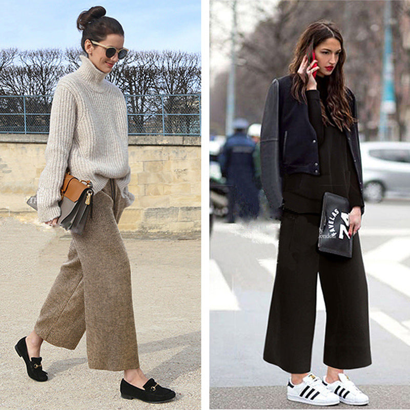 Plus Size Plus Size Woolen Wide-Leg Pants Spring & Fall New Toothpick Strip Loose Nine-Point Straight Pants Women's Pants 100kg