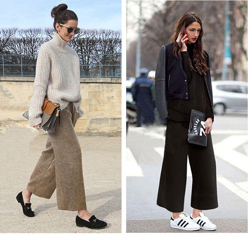 Plus Size Plus Size Woolen Wide-Leg Pants Spring & Fall New Toothpick Strip Loose Nine-Point Straight Pants Women's Pants 100kg