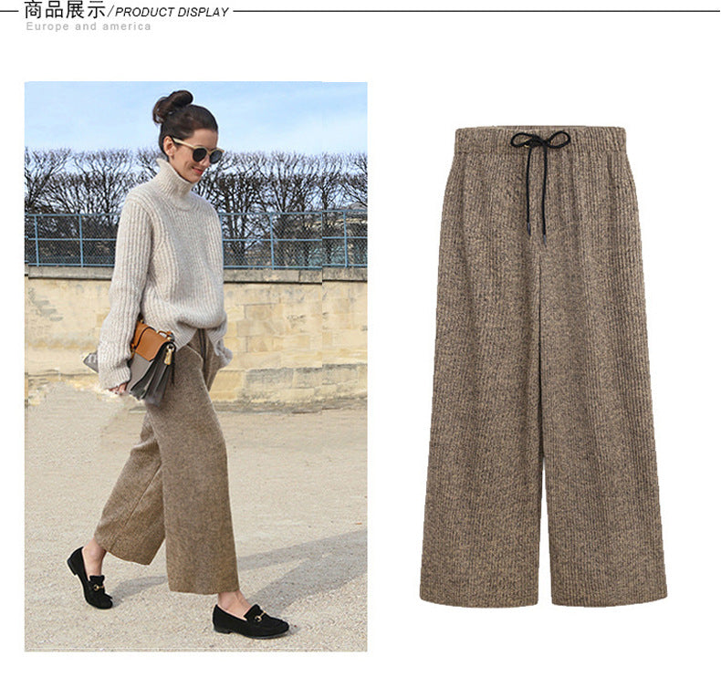 Plus Size Plus Size Woolen Wide-Leg Pants Spring & Fall New Toothpick Strip Loose Nine-Point Straight Pants Women's Pants 100kg