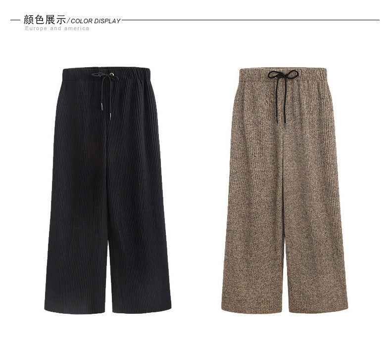 Plus Size Plus Size Woolen Wide-Leg Pants Spring & Fall New Toothpick Strip Loose Nine-Point Straight Pants Women's Pants 100kg