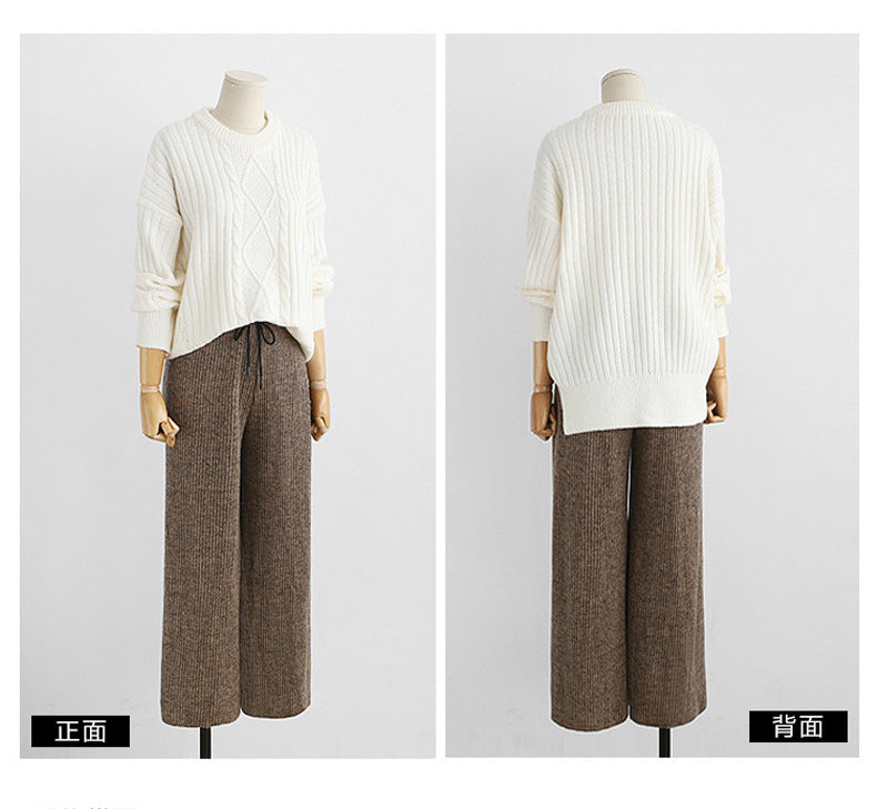 Plus Size Plus Size Woolen Wide-Leg Pants Spring & Fall New Toothpick Strip Loose Nine-Point Straight Pants Women's Pants 100kg