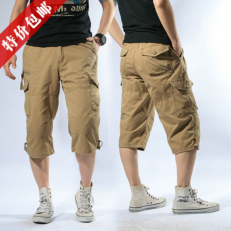 Summer Cargo Pants, Thin, Loose, Plus-Size Men's Shorts, Multi-Pocket Mid-Length Pants, Outdoor Casual Seven-Point Pants, High-Waisted for Men