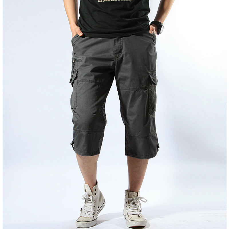 Summer Cargo Pants, Thin, Loose, Plus-Size Men's Shorts, Multi-Pocket Mid-Length Pants, Outdoor Casual Seven-Point Pants, High-Waisted for Men