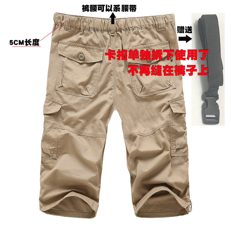 Summer Cargo Pants, Thin, Loose, Plus-Size Men's Shorts, Multi-Pocket Mid-Length Pants, Outdoor Casual Seven-Point Pants, High-Waisted for Men