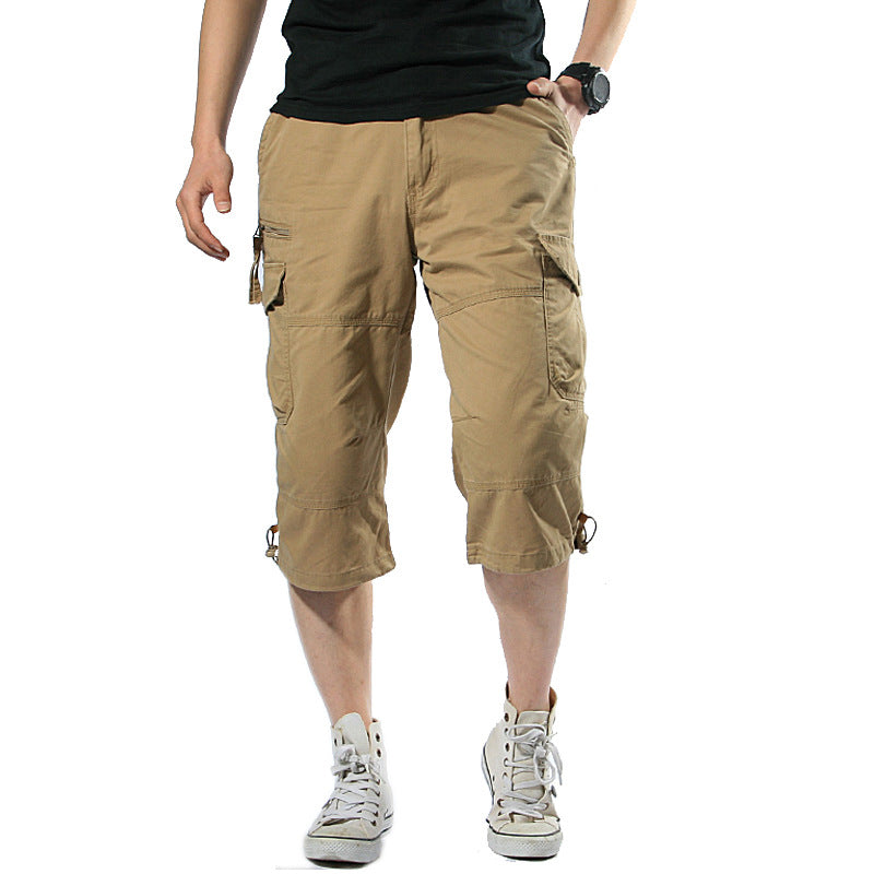 Summer Cargo Pants, Thin, Loose, Plus-Size Men's Shorts, Multi-Pocket Mid-Length Pants, Outdoor Casual Seven-Point Pants, High-Waisted for Men