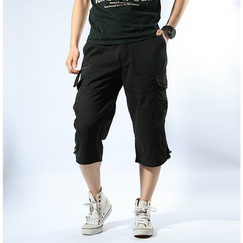 Summer Cargo Pants, Thin, Loose, Plus-Size Men's Shorts, Multi-Pocket Mid-Length Pants, Outdoor Casual Seven-Point Pants, High-Waisted for Men