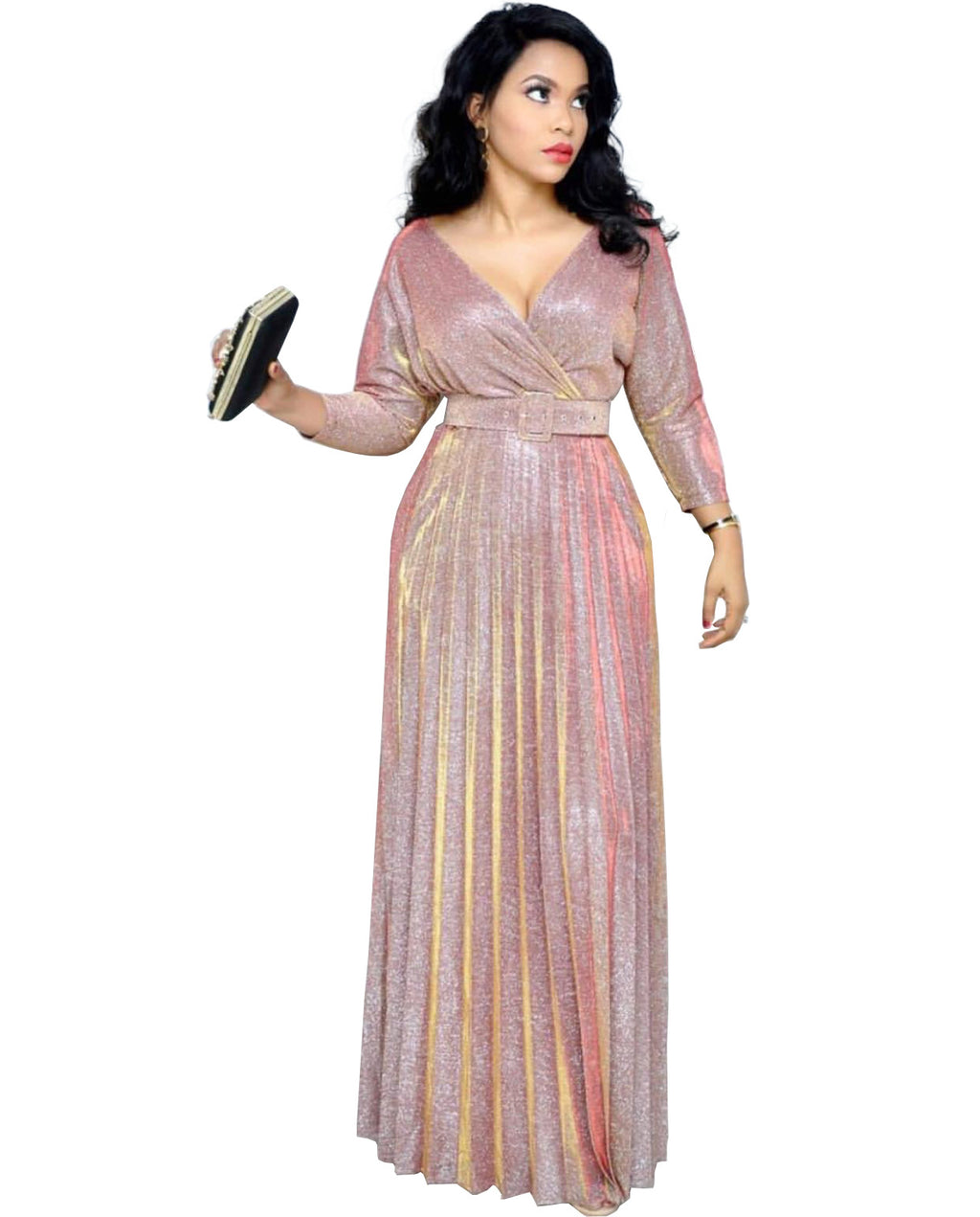 2025 Winter Cross-Border European and American African Women's Fashionable Long-Sleeved Bronzing Pleated Skirt with Belt Glitter Fabric