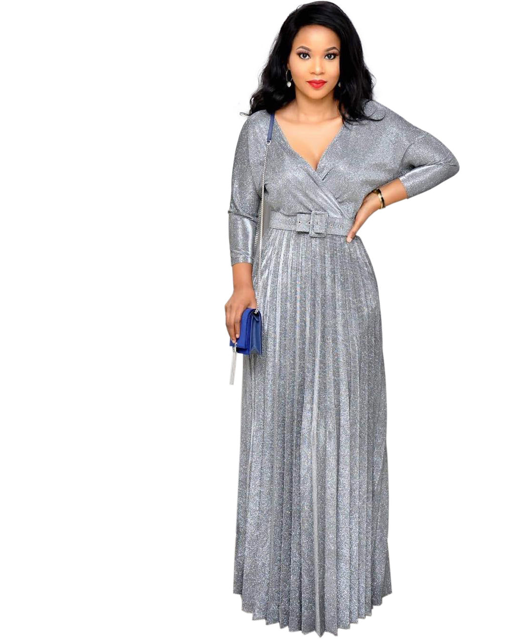 2025 Winter Cross-Border European and American African Women's Fashionable Long-Sleeved Bronzing Pleated Skirt with Belt Glitter Fabric