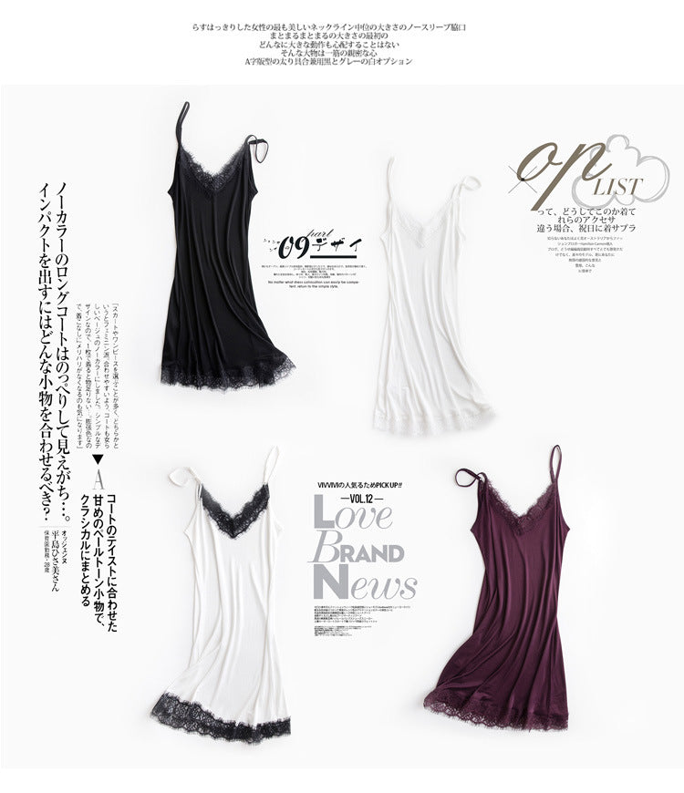 Tangge Spring and Summer Mulberry Silk Loose V-neck Lace Silk Sling Nightdress Sexy Pajamas Silk Base Petticoat
