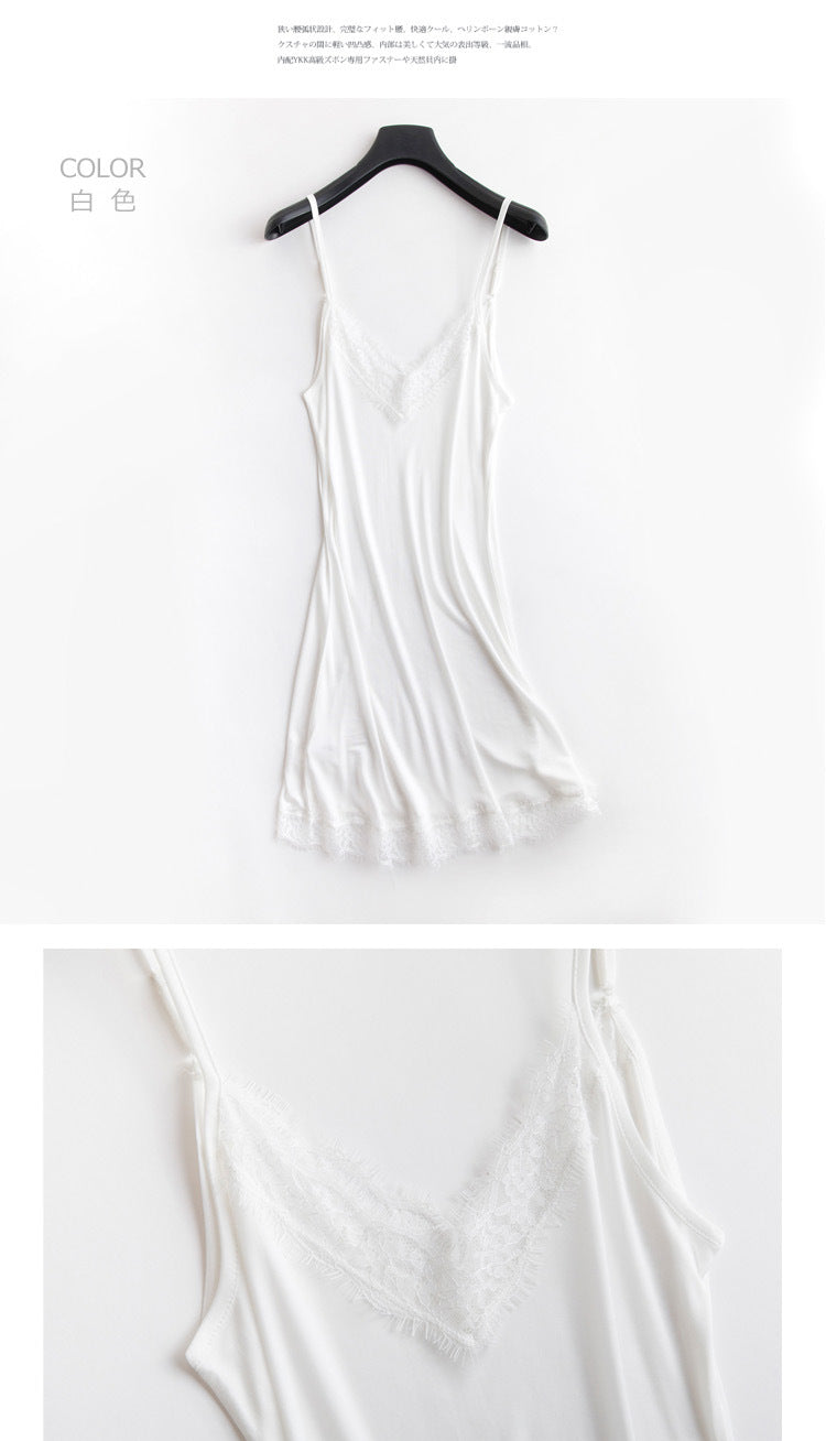 Tangge Spring and Summer Mulberry Silk Loose V-neck Lace Silk Sling Nightdress Sexy Pajamas Silk Base Petticoat