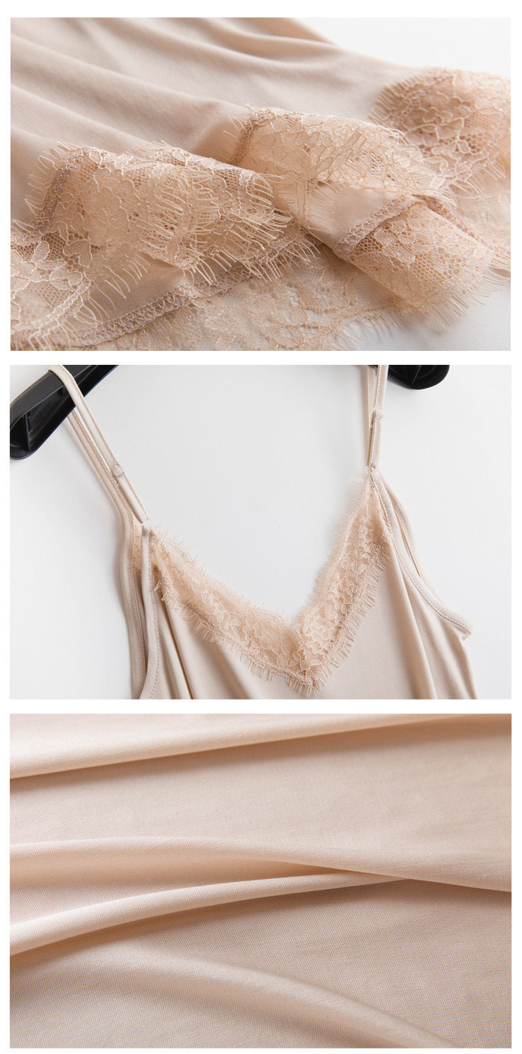 Tangge Spring and Summer Mulberry Silk Loose V-neck Lace Silk Sling Nightdress Sexy Pajamas Silk Base Petticoat