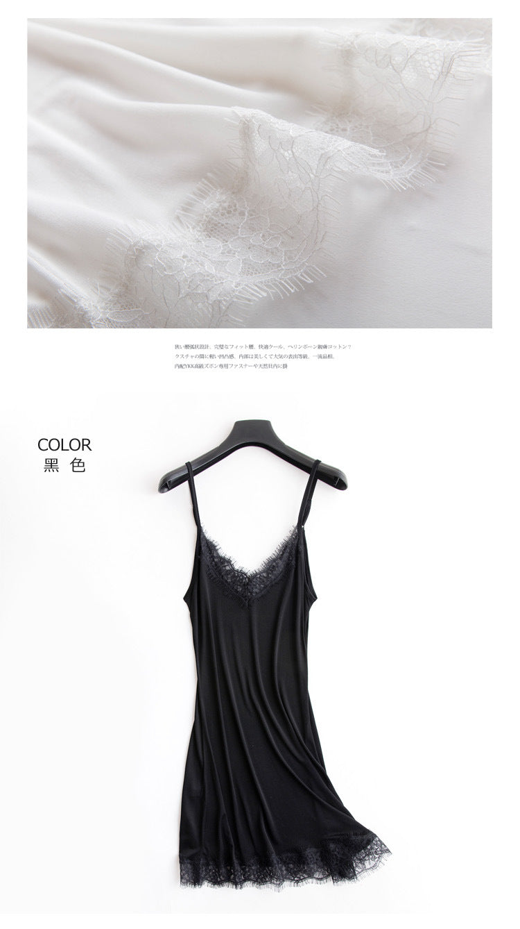 Tangge Spring and Summer Mulberry Silk Loose V-neck Lace Silk Sling Nightdress Sexy Pajamas Silk Base Petticoat