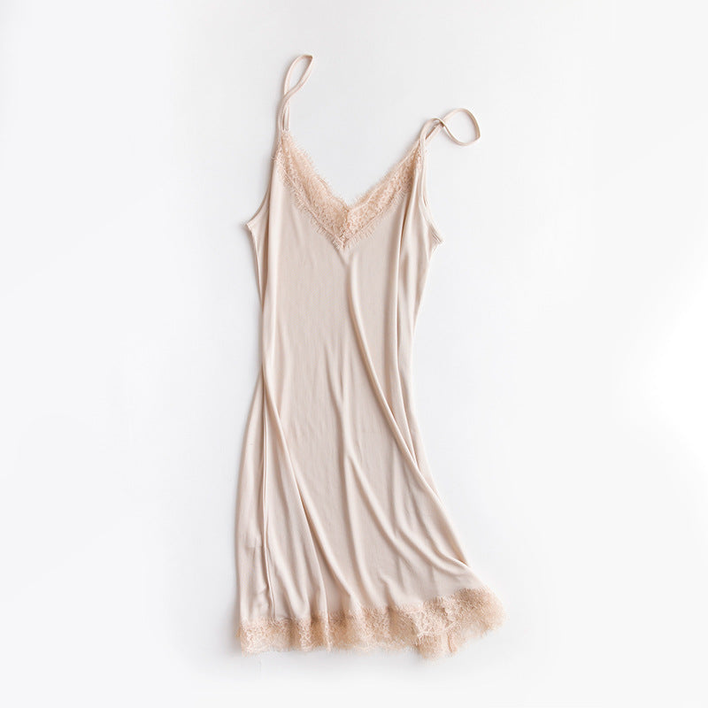 Tangge Spring and Summer Mulberry Silk Loose V-neck Lace Silk Sling Nightdress Sexy Pajamas Silk Base Petticoat