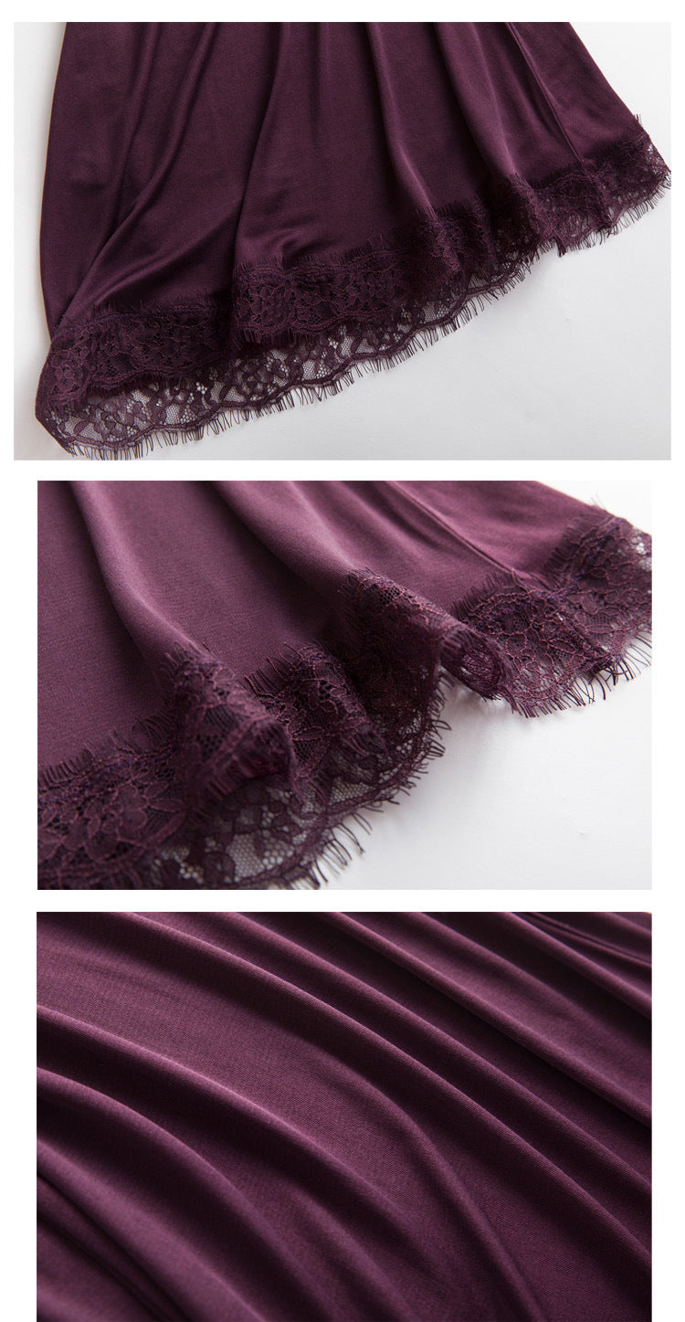 Tangge Spring and Summer Mulberry Silk Loose V-neck Lace Silk Sling Nightdress Sexy Pajamas Silk Base Petticoat